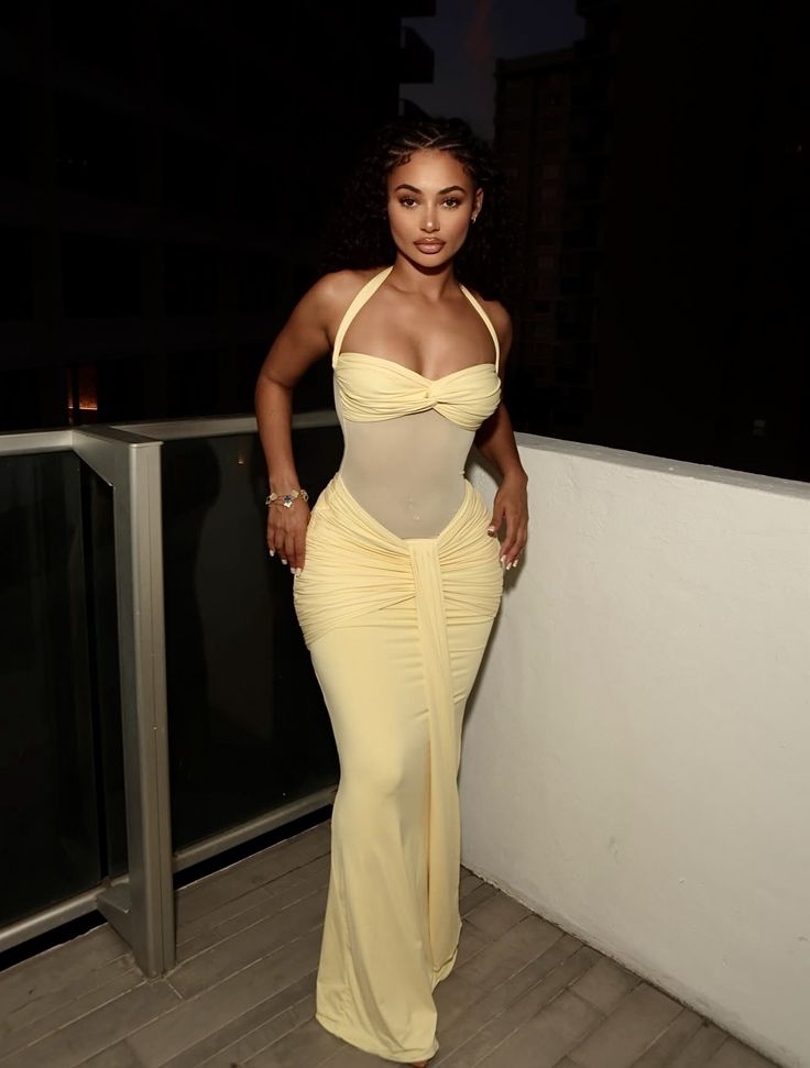 SOERA Bianca Mesh Waist Tie Cami Bodycon Maxi Dress - Dress - Yellow S