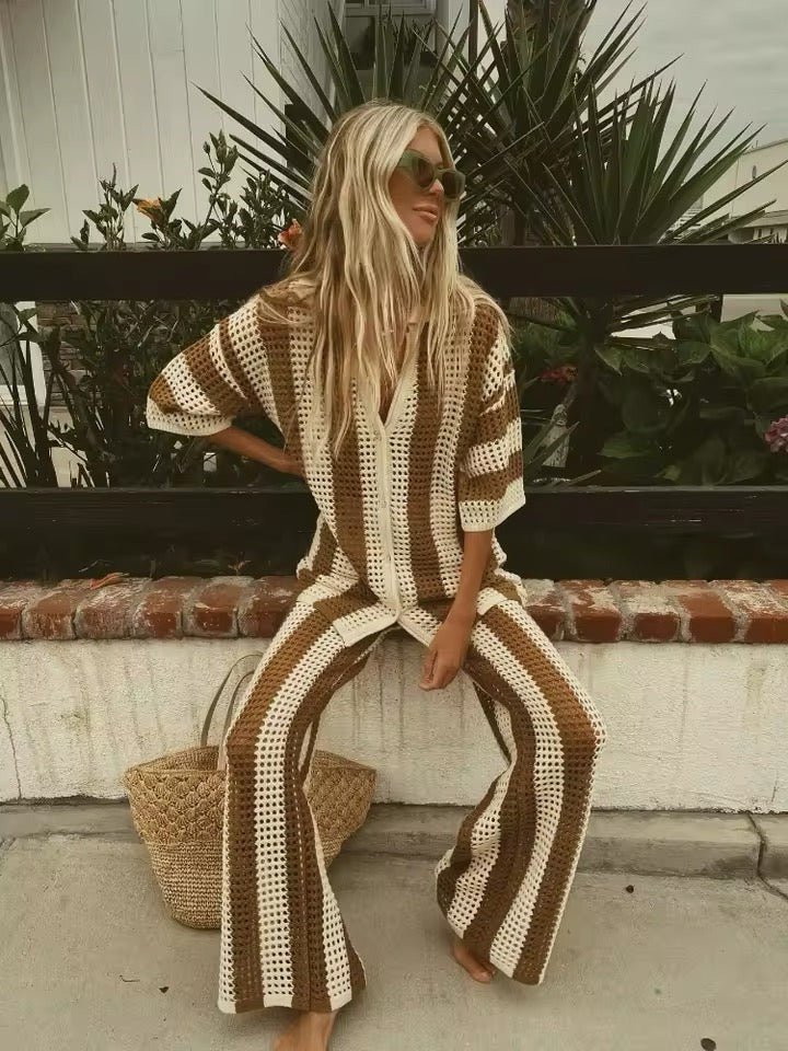 SOERA Aitanda Striped Crochet Co-Ord Set - Matching Sets - SOERA-750403-L-KHAKI-45699 Brown L