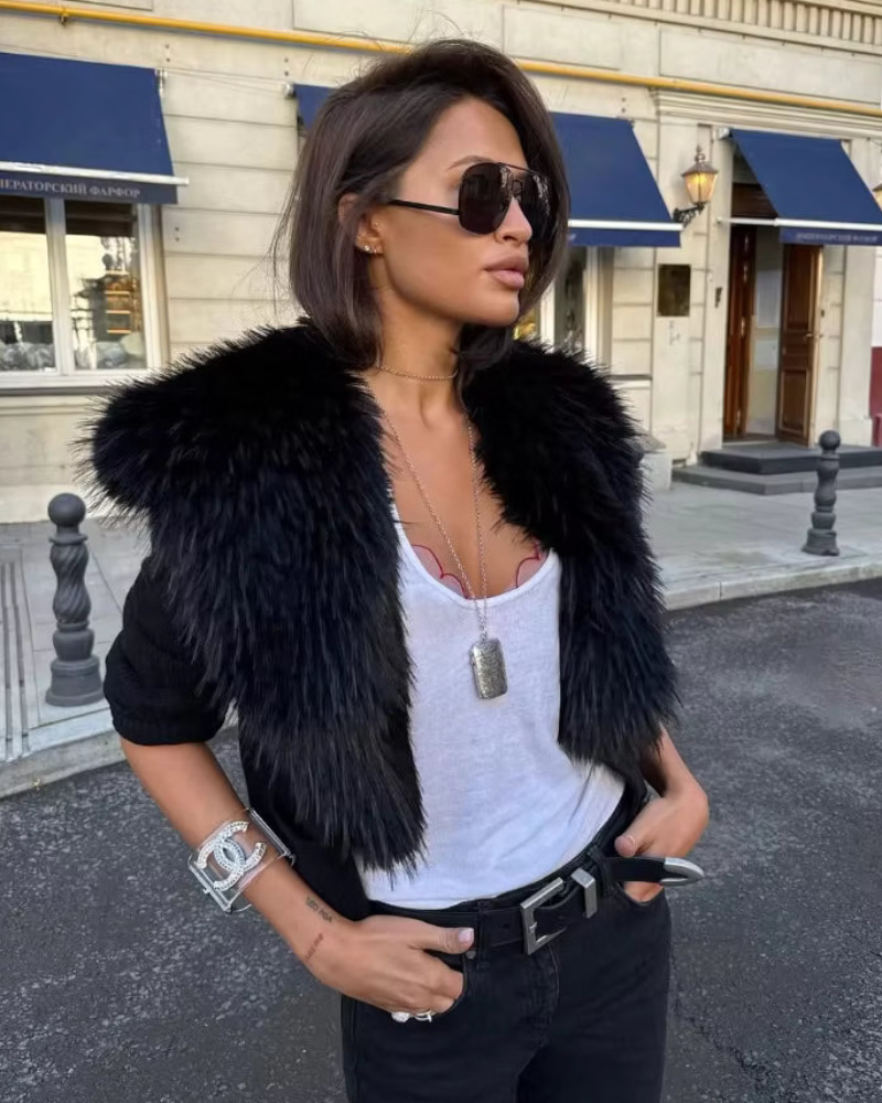 Ella Faux Fur Collar Cropped Knit Cardigan