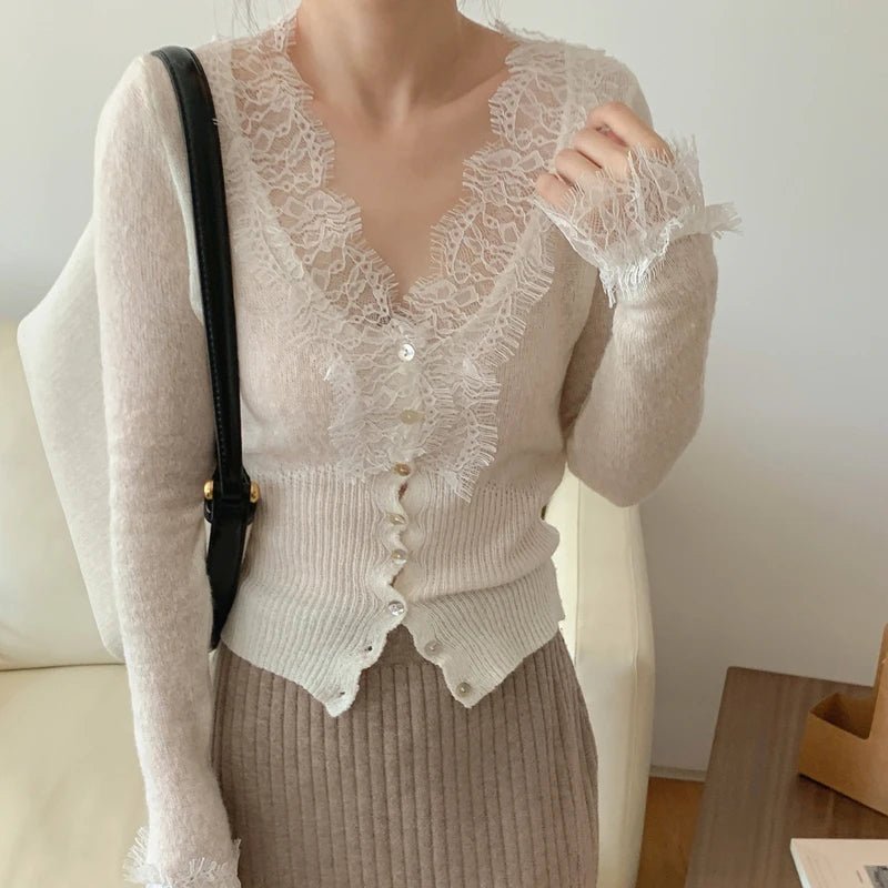 SOERA Denise V-Neck Lace Trim Cardigan - Cardigan - SOERA-517123-WHI-O-62019 White