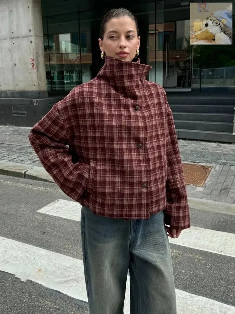 SOERA Jane Stand Collar Wool Blend Plaid Coat - Coat - SOERA-905987-PLA-L-77027 L