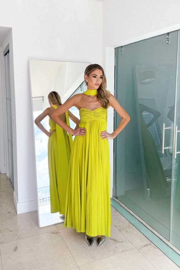 SOERA Helena Halter Ruched Maxi Dress with Scarf - Dress - SOERA-795907-LIM-L-75971 Lime Yellow L
