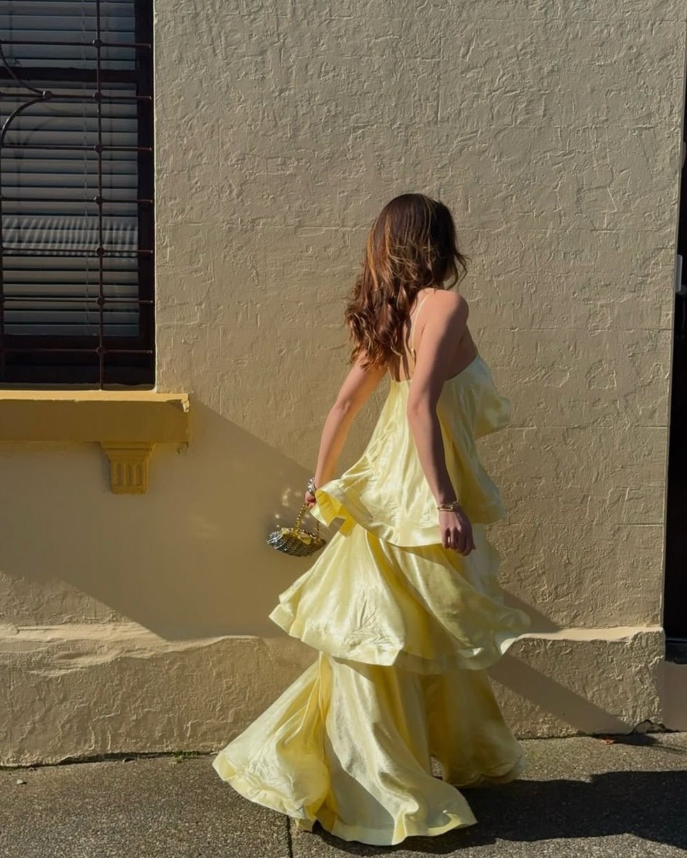 SOERA Nadia Tiered Ruffle Satin Maxi Dress - Dress - SOERA-288579-YEL-S-87843 Yellow S