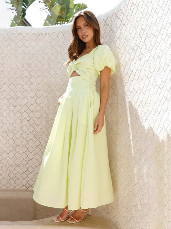 SOERA Maritoni Puff Sleeve Hollow Midi Dress - Dresses - UH1775708714487307335 Yellow L