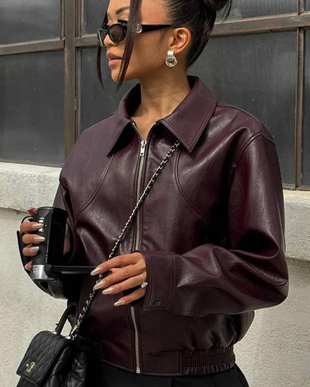 Fiona Faux Leather Lapel Jacket in Wine Red