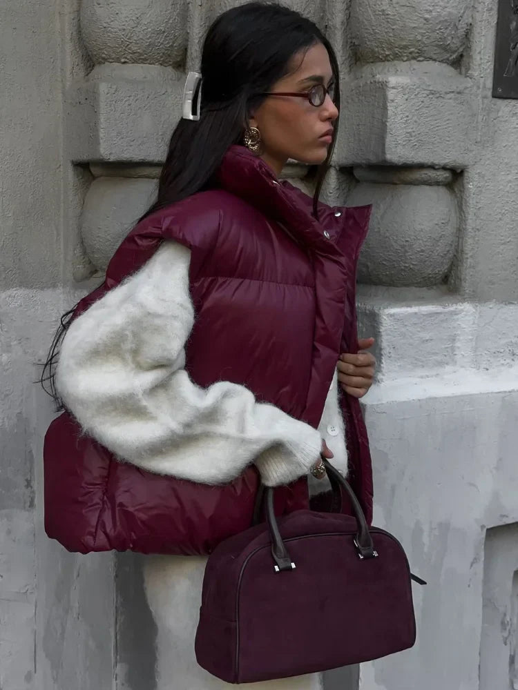 SOERA Zarina Stand Collar Puffer Vest Coat - Jackets - iW1765494947089219332 Burgundy S