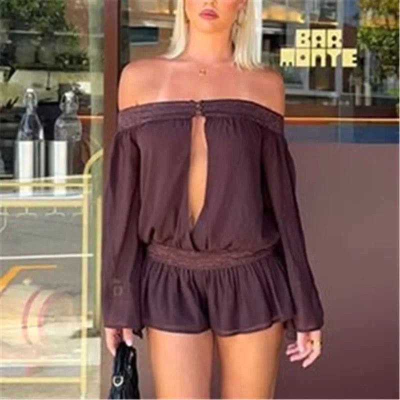 SOERA Bianca Off-Shoulder Chiffon Romper - Jumpsuit - SOERA-411907-DEF-OS-54793 Dark Brown S