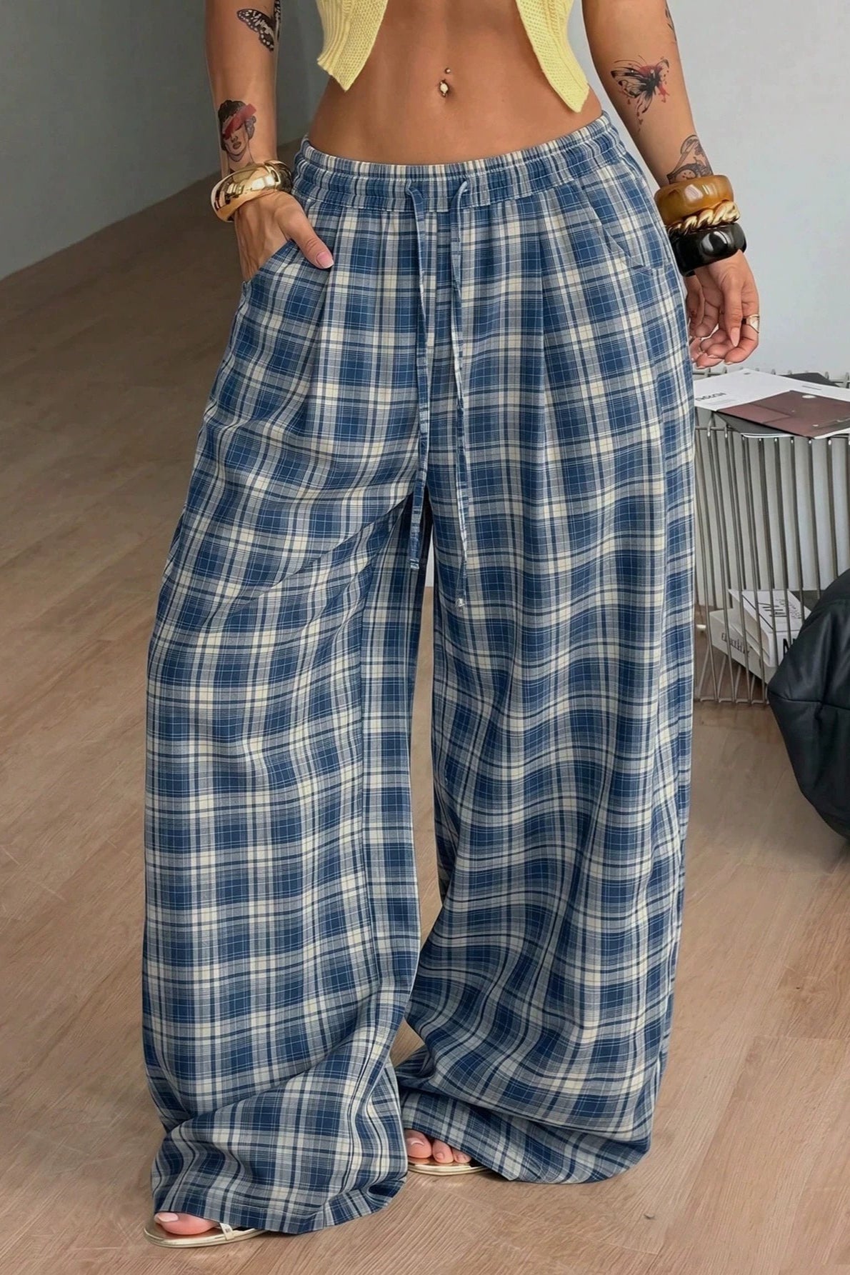 SOERA Lola Drawstring Wide Leg Plaid Pant - Pants - SOERA-447299-BLU-M-82211 Blue M