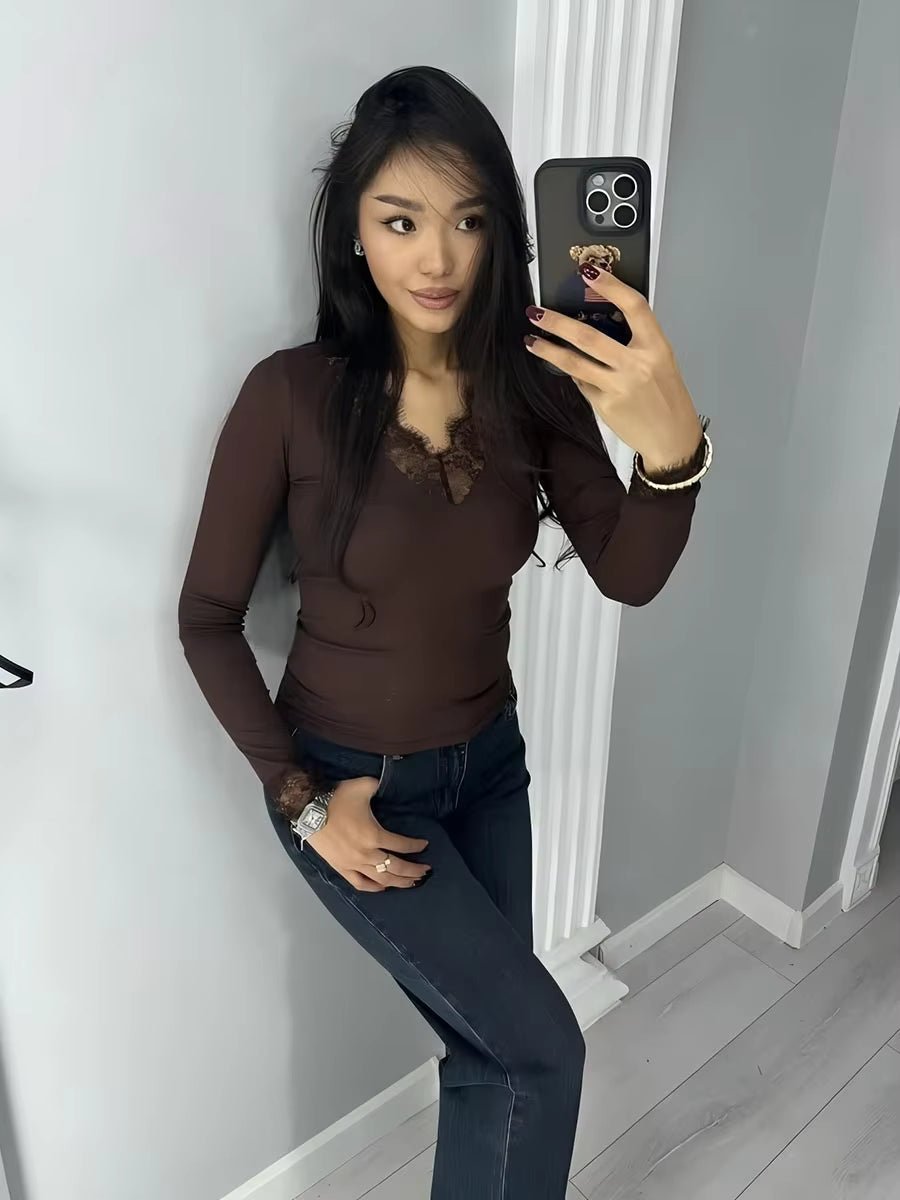 SOERA Miriam Lace V-Neck Casual Top - Top - SOERA-547907-BRO-L-40515 Brown L
