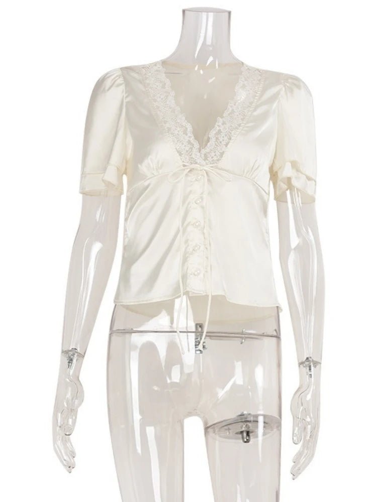 SOERA Nathalie Satin Lace Blouse - Tops -  Black M