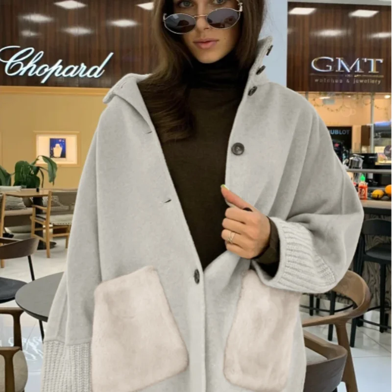 Terry Turtleneck Faux Fur Knit Coat